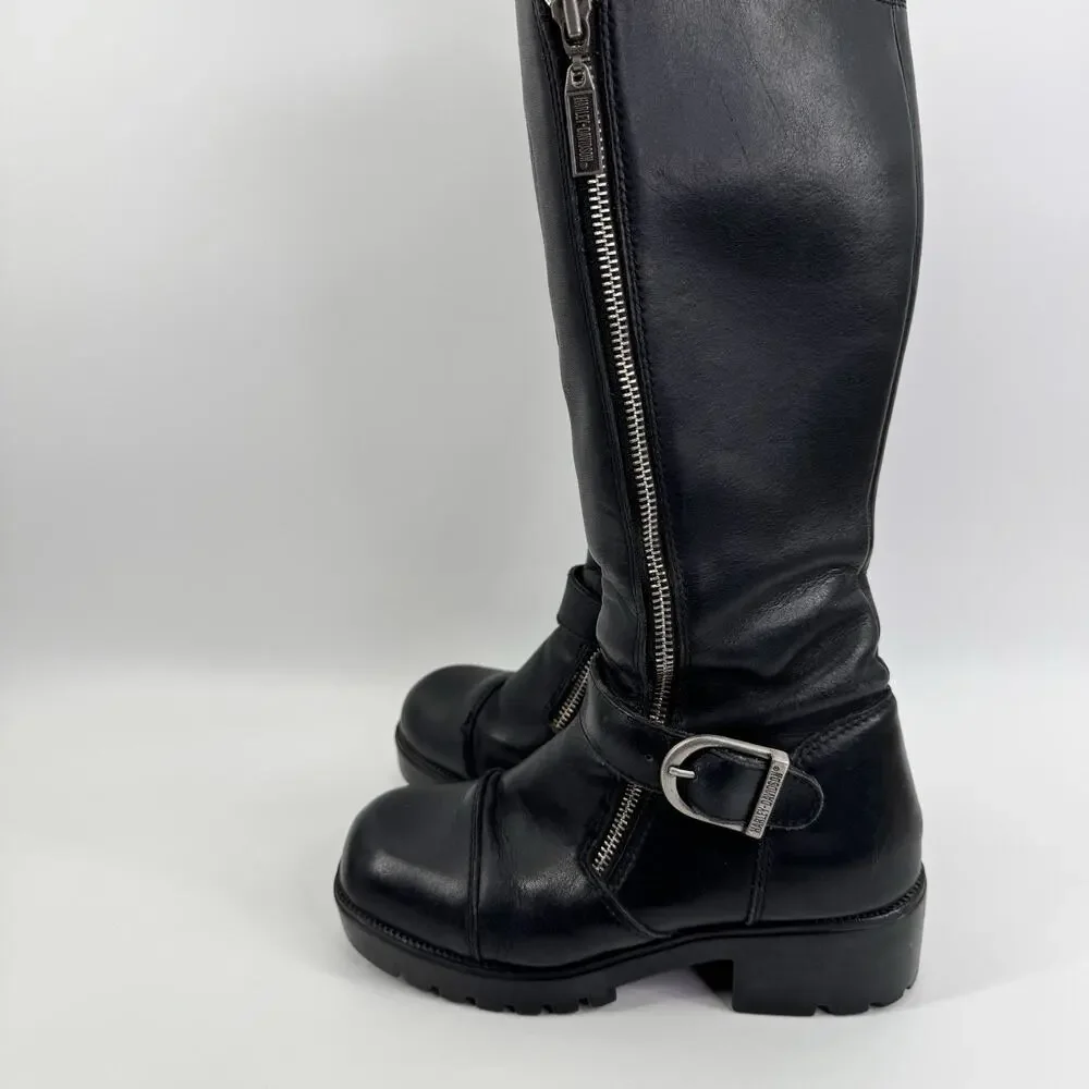 Vintage Harley-Davidson Tall Boots Women 6 Black Riding Eagle Logo Leather - Picture 2 of 16